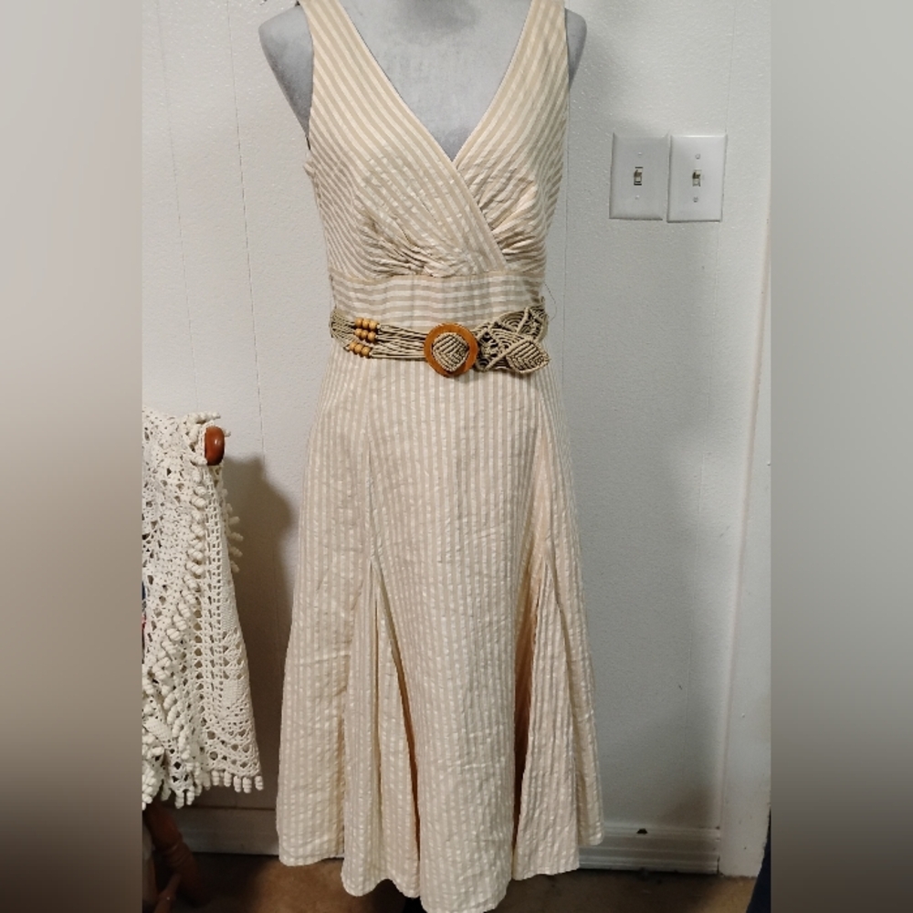 Vintage bandolino Yellow White Striped Dress Size 10  Boho Beachy Vacation...